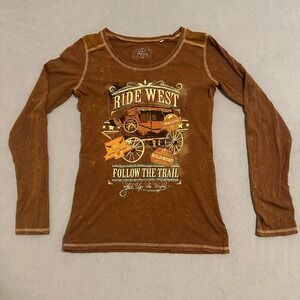 Panhandle Graphic T-Shirt Crew-Neck Long Sleeves Stretch Brown Womens Size M